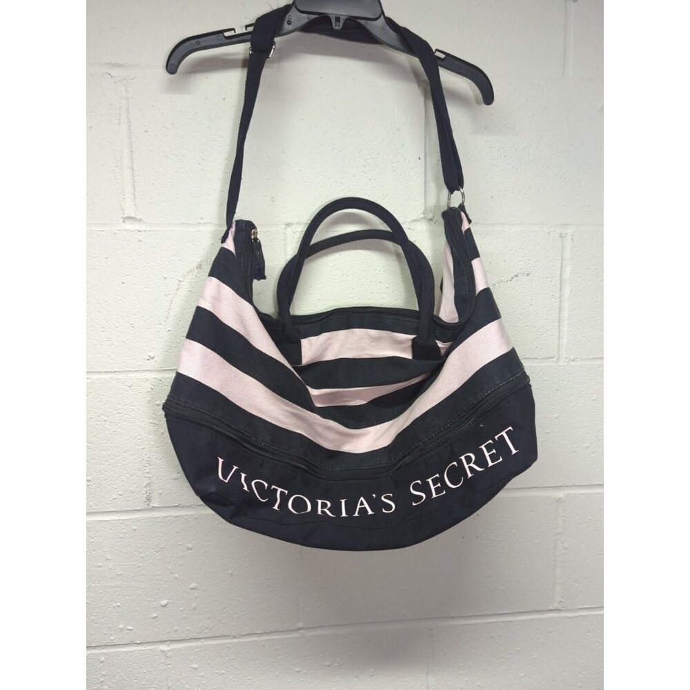 Victoria’s Secret Expandable Weekender Tote Bag Pink/Black Stripe Shoulder Strap